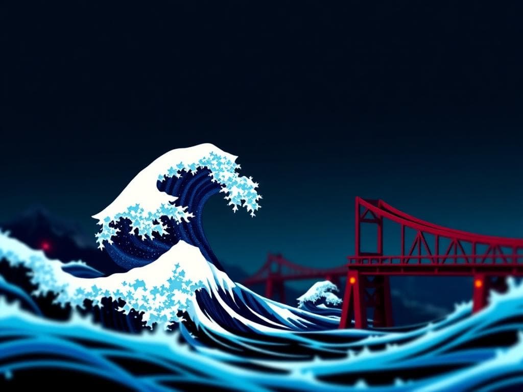 Ricreazione in Pixel Art a 1 Bit dell'Opera di Hokusai 'La Grande Onda' Collega Tecnologia Nostalgica e Arte